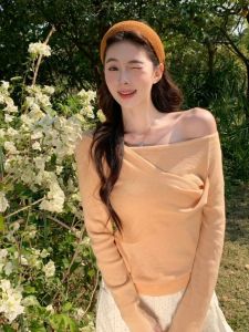 YUEZHONGWEI | Unique French Orange Asymmetric Off-Shoulder Knitwear