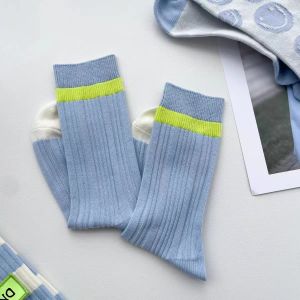 Trendy Socks Womens Net Red and Blue Series Stripes Sport Mid-Calf Length Sock Smiley Face Labeling Socks All Year Round Color Matching Bunching Socks