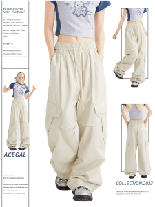 American Retro Drawstring Work Pants Wide Leg Hip Hop Street Style Autumn New Arrival Casual Pants for Young Women