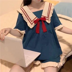 Large Size Pajamas Sweet Women Home Wear Suit Doll Collar Girl Sleepwear Kawaii Dress Solid Colour Short Sleeve Shorts 2PCS Set