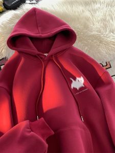 เสื้อฮู้ดคอกลมแขนยาวผ้าฝ้ายแท้สำหรับผู้ชาย ฤดูใบไม้ร่วง/ฤดูหนาว สีแดงไวน์ ทรงหลวม ทรงหลวม เสื้อคลุมกันหนาวแบบมีฮู้ด