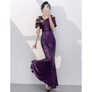 Elegant Bridal Banquet Evening Gown Fish Tail Sequin