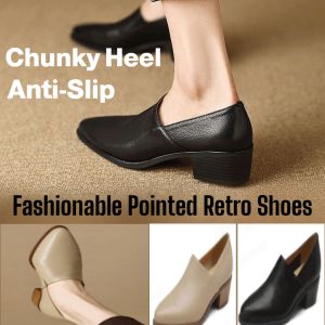 Womens Lamb Shoes Pointed Chunky Heel Slip-On Anti-Slip Single Shoes Wedding Shoes Loafers
