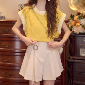 Shalldoer | Bộ đồ hai mảnh thời trang mùa hè cho nữ tay ngắn quần ống rộng giảm tuổi Bộ đồ bó sát màu tương phản phong cách Hàn Quốc