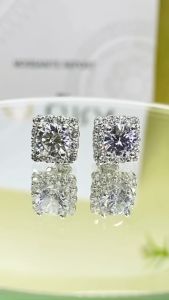 Khuyên tai nữ bạc xi bạch kim vuông bầu đá chủ 6mm Bông tai moissanite Mỹ màu trắng hoặc Màu xanh kiểm định GRA Hoa tai bạc mạ vàng trắng KIM LỘC PHÁT