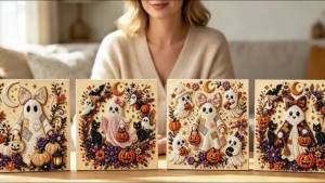 Halloween Framed Pearl Diamond Painting Set 7.87x7.87inch Cute Ghost 3D Crafts Home Decoration Party Gift Diamond Pearl Art Kit
