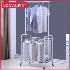 Locaupin Portable Laundry Sorter Clothing Rack With Wheels - Spacious 3-Bag Design for Simple Laundry Organization and Drying - Stylish and Functional Hamper with Hanging Bar