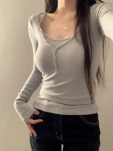 Stylish White Button Fake Two-Piece Long Sleeves T-Shirt Womens Autumn and Winter Silm Slim Looking Niche Style Underwear Long Sleeved Top Long Sleeves Top