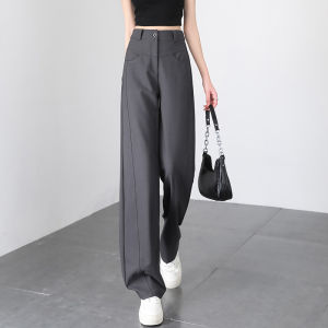 Gray Wide Leg Pants Womens Summer Thin High Waist Drape Straight Loose Casual Suit Floor-Length Pants Korean Style Commute