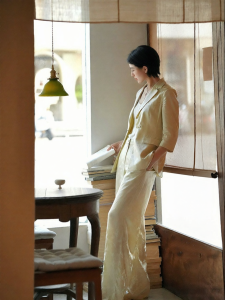 YINER | New Chinese Style Pankou Silk Blend Dot Jacquard Wide Leg Casual Pants