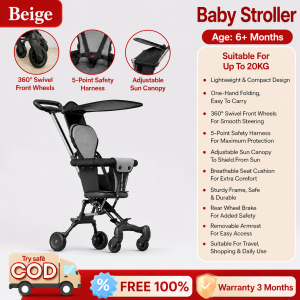 Beige Stroller for Baby Lightweight Foldable Foldable Stroller for Toddler Lightweight Stroller Bike Boy Girl