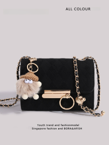 Black Small Gold Ball Single Shoulder Chain Strap Bag Fashionable PU Leather Zippered Shoulder Bag for Youth Casual Use