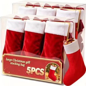 5Pcs 36cm Large Hanging Christmas Stockings Red Black Gift Bag Holders Santa Sock for Fireplace Window Display Xmas Tree Decor