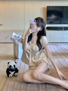 Bigking Ice Silk Sleepwear Set Women Summer Polka Dot Bubble Sleeve A-Line Ruffle Shorts Two-Piece Polyester Fiber Short Sleeve