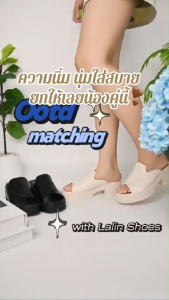 อุปทานในสต็อก รองเท้าสลิปออนผู้หญิง เปิดส้นรองเท้าแตะยางพื้นนุ่ม รองเท้าแตะส้นสูง สูง2.76 นิ้ว สีดำ/ครีม ใส่เที่ยวใส่ทำงานได้