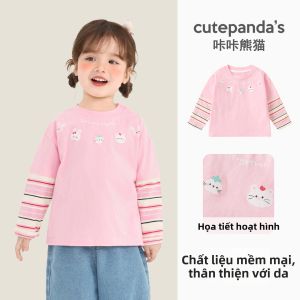 CUTEPANDAS | Áo Thun Tay Dài Có Sọc Hình Hoạt Hình Cho Bé Gái
