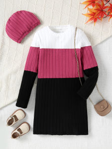 Autumn And Winter Color Blocked Knitted Dress For Girls Slim Fit Temperament Mid Length Skirt With Hat Included