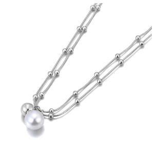 Trendy Double Layer Chain Imitation Pearls Pendant Necklace 316L Stainless Steel Fashion Party Jewelry Wholesale JN25005
