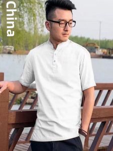Linen Short Sleeve Mens T-Shirt Summer Loose Thin Ice Sensation Chinese Retro Mens Cotton Linen Top Stand Collar Breathable