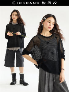 Designer Giordano Womens Knitted round Neck Loose Fit Hollow out 3D Embroidery Mesh Top Summer 2025 Street Style