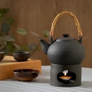 Cinnabar 3 in 1 Coarse Pottery Tea Warmer Ceramic Japanese Style Candle Heating 100ml Reed Diffuser Essential Oil Incense Burner