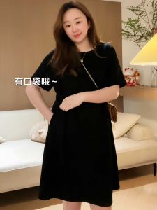 Large Size Womens Fashion Design Sense Petite Dress Summer Loose Pear Shape Casual Black T-Shirt Skirt