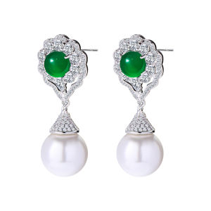 Elegant Green Agate Pearl Earrings Womens Mom Style Qipao Ear Jewelry  out Fashionable Geometric Design Silver Earrings