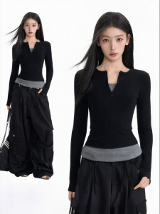 BAIDAIFEI | Faux Two-Piece Long Sleeve Zip-Up V-Neck Top