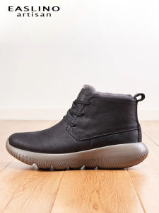 RBBUV Mens Snow Boots Leather Fur Integrated Fleece Lined Thick Casual Warm Cotton Shoes Short round Toe Low Heel Rubber Sole
