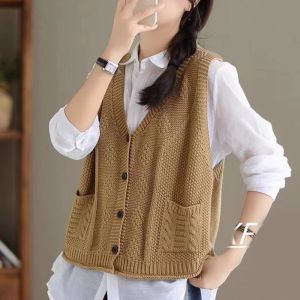 Pure ผ้าฝ้าย เสื้อกั๊กถัก ผู้หญิง สั้น แขนกุด คอวี คาร์ดิเกน หลวม เสื้อแจ๊กเก็ตพอดี ฤดูใบไม้ร่วง ฤดูใบไม้ผลิ สีทึบ เสื้อผ้าถัก