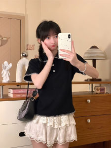 Womens Polo Shirt Turn-down Collar Short Sleeve Slim Fit Short Length Button Detail Shoulder Level T-shirt Creative Pattern