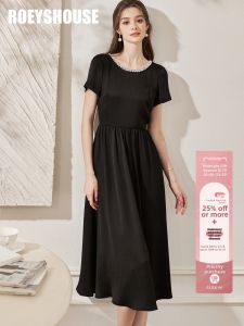 Roey s house | French Style Round Neck Texture Satin Dress Short Sleeve Mid Length Pearl Edged