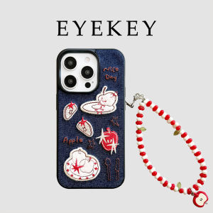 เคสโทรศัพท์ผ้าเดนิมปักลายดาวสีแดงพร้อมโซ่สำหรับ iPhone 17 pro Max 16 pro Max 15 14 13 ลายแอปเปิ้ล ลายการ์ตูน ลายดาว ลายแอปเปิ้ล