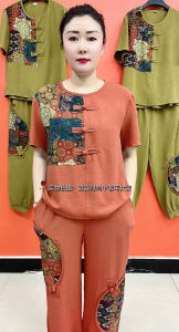 Casual Cotton Linen Set for Middle-Aged Mothers Fashionable Summer Outfit Short Sleeve Top And Pants Two-Piece Ensemble