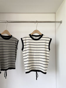 Summer 2025 Chic Simple Stripe Slimming Casual Knitwear Short Sleeve Womens Top Commute Style Polyester Fiber round Neck
