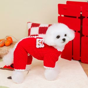 New Year Celebration Pet Clothes Warm Winter Coat with Back Buckle for Dogs Teddy Bichon Four Legs Plush Dog Sweater