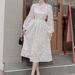 Đầm Midi Xòe Voan 3D Cổ Tròn Viền Ren Tay Phồng Dài Siêu Sang - Đầm Đi Tiệc Ulzzang