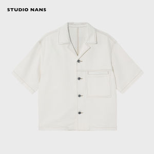 NANS Classic Cuban Collar Short Denim Shirt Jacket Contrast Stitch Design Split Pocket Youth Fashion Loose Fit Summer Outerwear