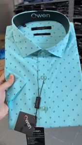 OWEN SALE - Áo Sơ Mi Owen Tay Ngắn Màu Xanh Ngọc  Họa Tiết Hoa Văn Form Body Lai Ngang Chính Hãng
