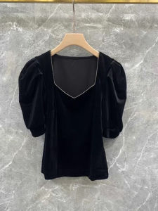 French Heavy Diamond Embellished Short Sleeve Womens Shirt Bubble Sleeve Square Collar Top Design Sensation Niche Autumn Winter