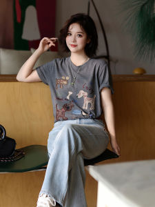 MIUCO Womens Casual round Neck T-Shirt Embroidered Cartoon Dog Loose Fit Beaded 3D Stitching Simple Style Summer Top