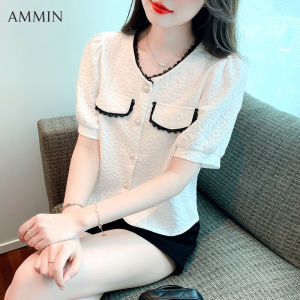 Ammin Hàn Quốc cổ chữ V ren nút đính ren áo voan quần soóc rộng tay cho nữ