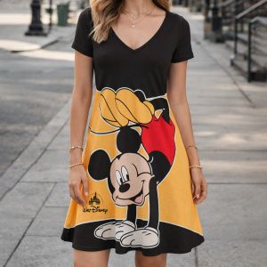 Disney | Elegant Womens Dresses for Woman Disney Mickey Mouse V Neck Loose Dress Party Dresses 2026 Trends Minnie Fashion Short Sleeve