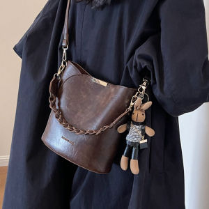 Vintage Commuter Bucket Bag Womens Handbag Fashion Trend Soft PU Leather Single Shoulder Crossbody Handle Small Size Solid Color