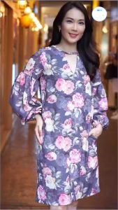 💐เดรสทรงหลวม (สีเทา) ลายดอกสีชมพู ดีไซน์สวยใส่สบายไม่เข้ารูป ชุดเดรสผู้หญิง แขนตุ๊กตา ปลายแขนแต่งจั๊ม พร้อมส่ง 🚚