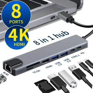 USB C HUB 8 in 1 Type C Adapter with 4K HDMI 87W PD USB Docking Station RJ45 for Phone MacBook Pro Air Laptop Pad Card Reader