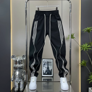 Summer New Mens Casual Pants Teenage Stripe Splicing Trendy Sports Nine Points Straight Leg Trousers Breathable Lightweight Polyester Fiber