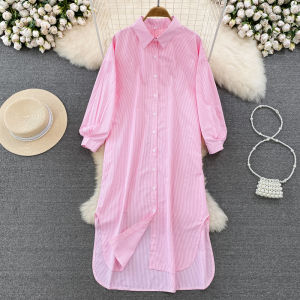 Spring Autumn Chic Blue Stripe Collar Single Button Loose Lantern Sleeve Shirt Dress Women Casual Long Dress Korean Style High Waist A-Line Skirt Polyester Fiber