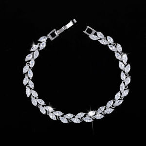 SEQUITO Elegant Fashion AAA CZ Stones Leaf Shape Bracelet for Party Women White Gold Plated Simple Style Bangle JewelryB051 (Free Extended Clasp)