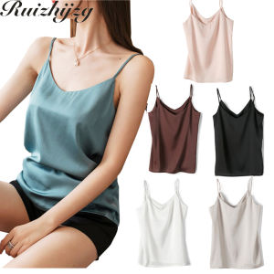 Ruizhijzg Plus Siez M-2XL Womens Camisole Tank Top Summer Ladies Girls Satin Silk Suspender Slim Vest Breathable Soft Plain Color Female Singlet V Neck